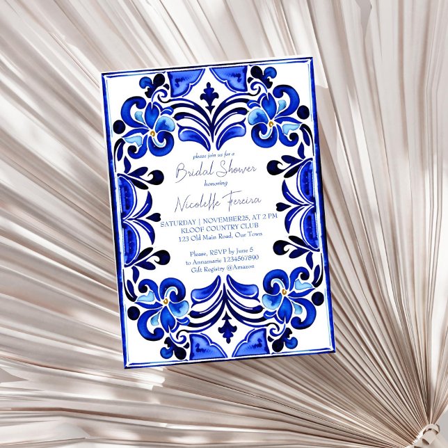 möhippa av fransk blå Medelhavsplattor Inbjudningar (French Blue Mediterranean tiles bridal shower Invitation template digital download white blue themed)