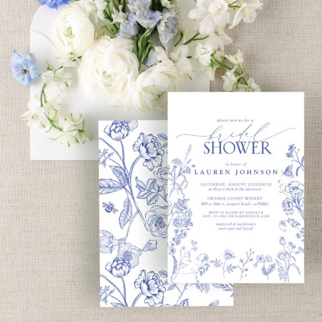 Möhippa av fransk Blue & White Victorian Blommigt Inbjudningar (Skapare uppladdad)