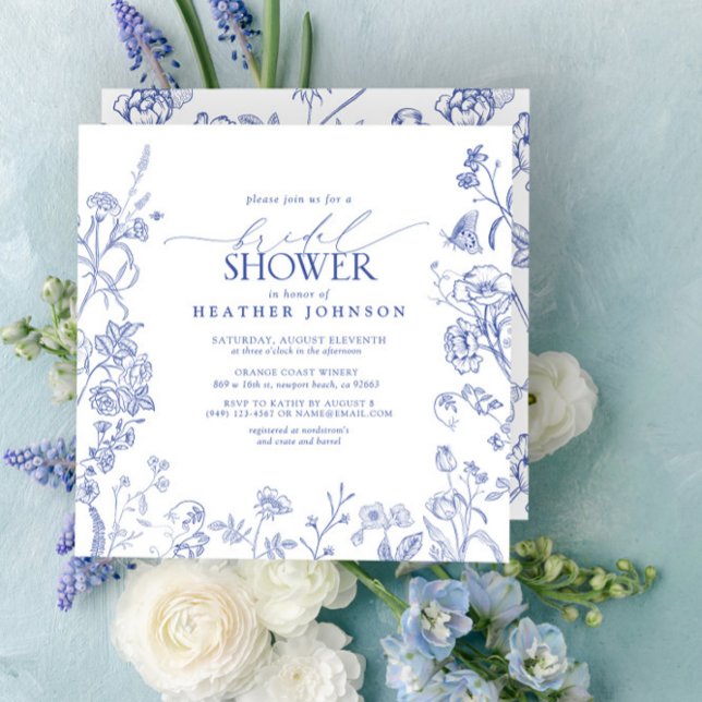 Möhippa av fransk Blue & White Victorian Blommigt Inbjudningar (Easily personalize this beautiful bridal shower invitation for a gorgeous Regency style shower!)