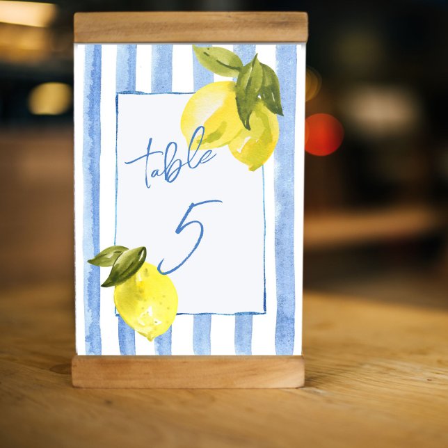 Möhippa av handrayblåcitroner i rand bordsnummer (Handrawn blue stripes and lemons Italian themed bridal shower wedding personalized table number card)