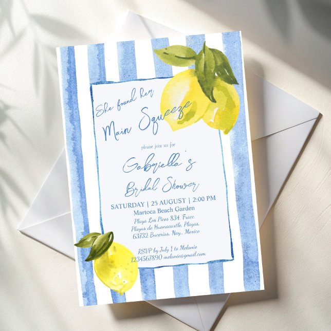 Möhippa av handrayblåcitroner i rand inbjudningar (She found her main squeeze Handrawn blue stripes lemons Italian bridal shower invitation template)