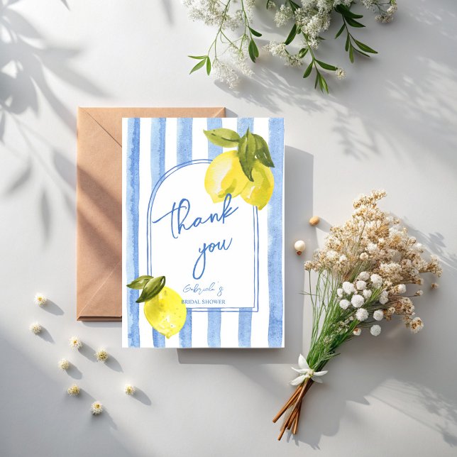 Möhippa av handrayblåcitroner i rand tack kort (Handrawn blue stripes lemons la dolce vita Italian bridal shower thank you cards)