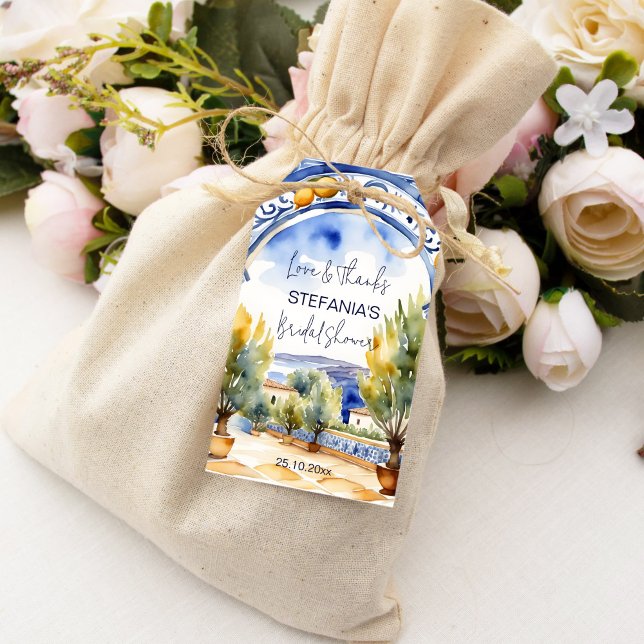 Möhippa av italienska blåplattor presentetikett (Italian Blue tiles arch lemons bridal shower favor Gift Tags Mediterranean themed wedding favor tags)