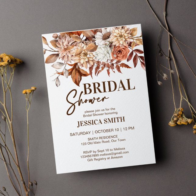 Möhippa av jordartsbruna blommor inbjudningar (Earthy desert brown boho dried flowers bridal shower template invitation instant download fall theme)