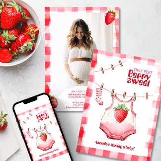 Möhippa av jordgubbar Rosa Red Gingham Sweet Inbjudningar