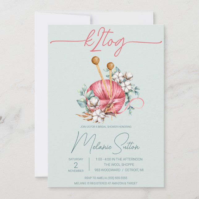 möhippa av k2tog, Blue- och Rosa Cotton Knitting Inbjudningar (Framsida)