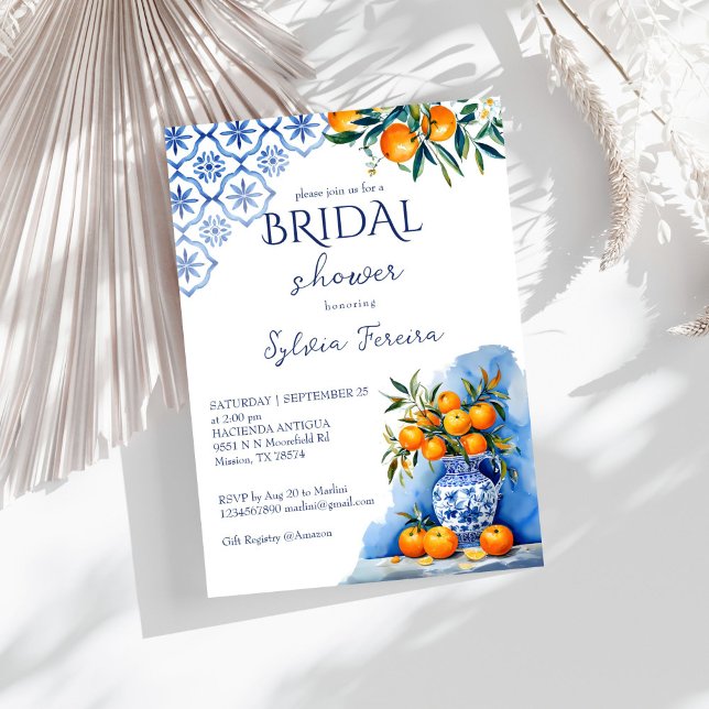 Möhippa av kalavera blå chinoiserie citrus inbjudningar (Talavera blue chinoiserie citrus oranges summer bridal shower invitation template instant download)