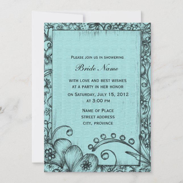 Möhippa av klassisk, retroblå och svart blommigt inbjudningar (Framsida)