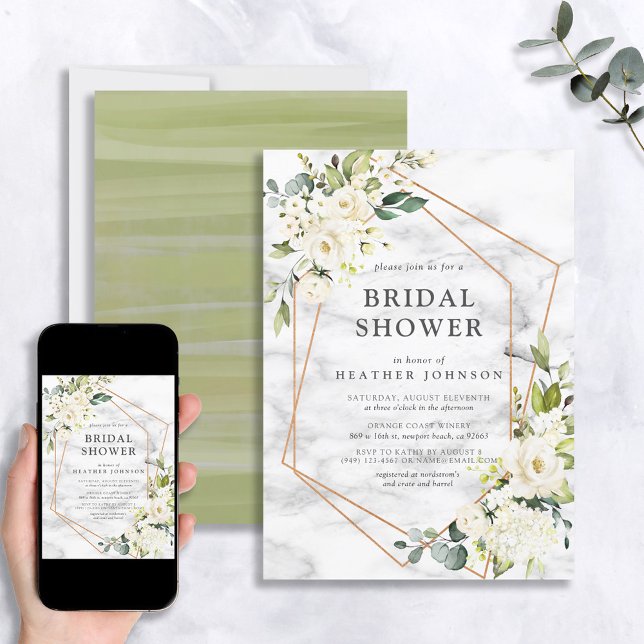 Möhippa av kopparmarkör Geometric White Blommigt Inbjudningar (Skapare uppladdad)