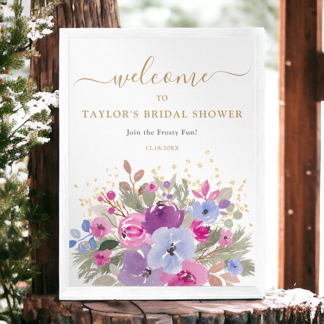 Möhippa av Lila Guld Winter Blommigt välkomnas av  Poster (Elegant Purple Gold Winter Floral Bridal welcome Poster)