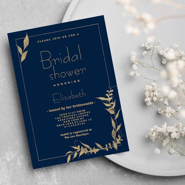 Möhippa av lyxmarin blå guld inbjudningar (Luxury navy blue gold foliage Bridal Shower )