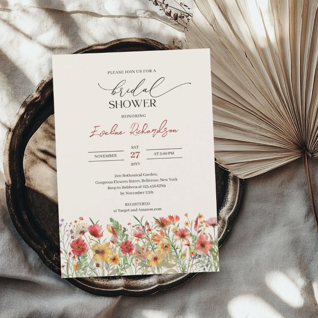Möhippa av målarfärg för vilda blommor i vår inbjudningar (Colorful watercolor spring wildflowers bridal invitation)