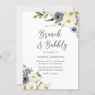 Möhippa av marin och vit blommor Brunch & Bubly Inbjudningar