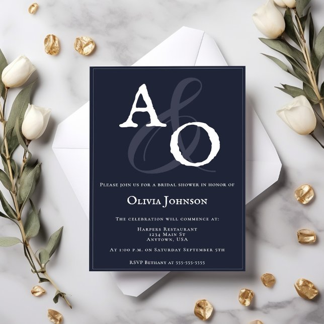 Möhippa av marinblått minimalistiskt monogram inbjudningar (Navy Blue Minimalist Monogram Bridal Shower Invitation)