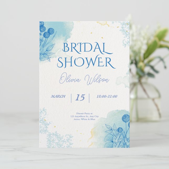 Möhippa av minimalistisk vattenfärg, blå och Guld Inbjudningar (Stående Fram)