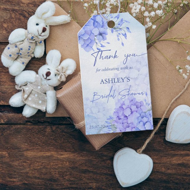 Möhippa av någon blå vattenfri elegant presentetikett (Something blue bridal shower favor tags elegant hydrangeas thank you favor gift tags floral )