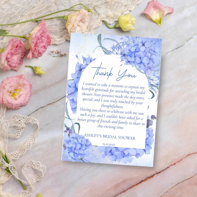 Möhippa av någon blå vattenfri elegant tack kort (Blue hydrangeas something blue bridal shower thank you cards elegant dusty blue blooms floral card)