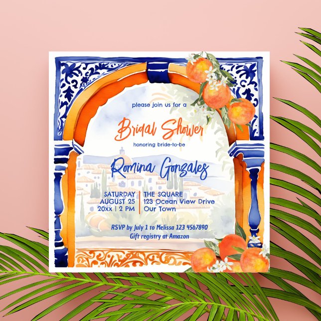 möhippa av orange blå azulejo talavera inbjudningar (Orange blue azulejo talavera Spanish Mexican tiles citrus  bridal shower invitation template)