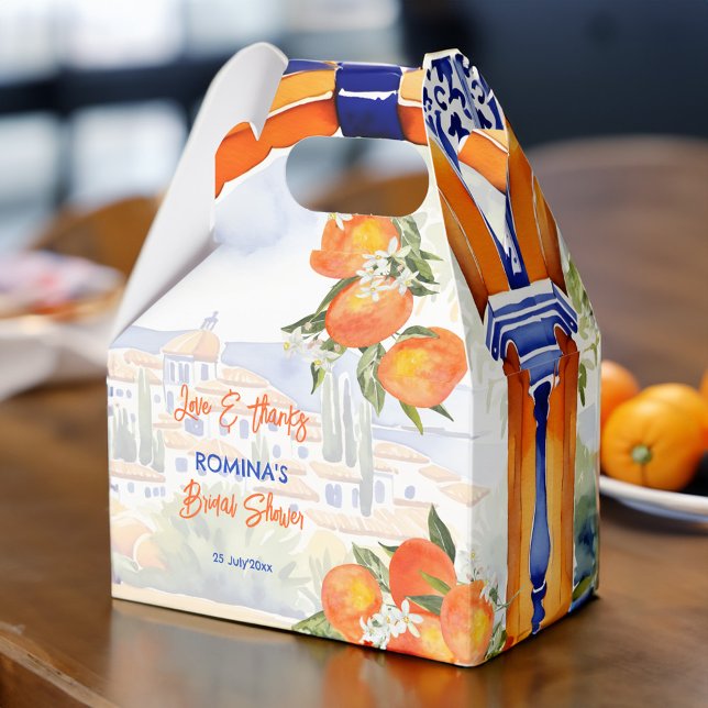 möhippa av orange blå azulejo talavera presentaskar (Orange blue azulejo talavera tiles oranges Spanish bridal shower favor box printed personalized)