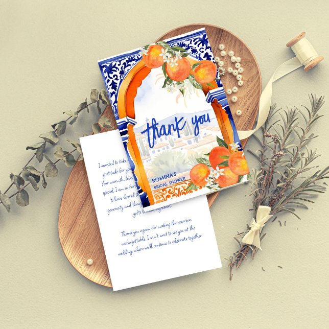 möhippa av orange blå azulejo talavera tack kort (Orange blue azulejo talavera Spanish tiles summer citrus bridal shower thank you card)