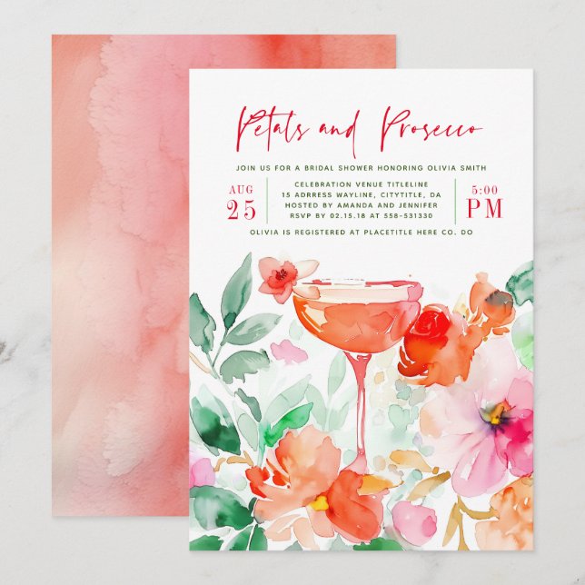 Möhippa av Petals och Prosecco Red Rosa Blommigt Inbjudningar (Fram/baksida)