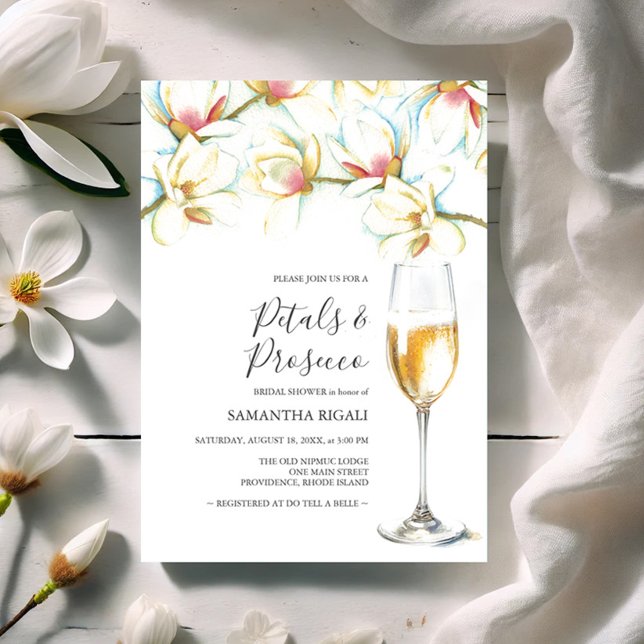 Möhippa av Petals och Prosecco White Blommigt (Bridal shower invitations watercolor white magnolia flowers by Victoria Grigaliunas Do Tell A Belle)