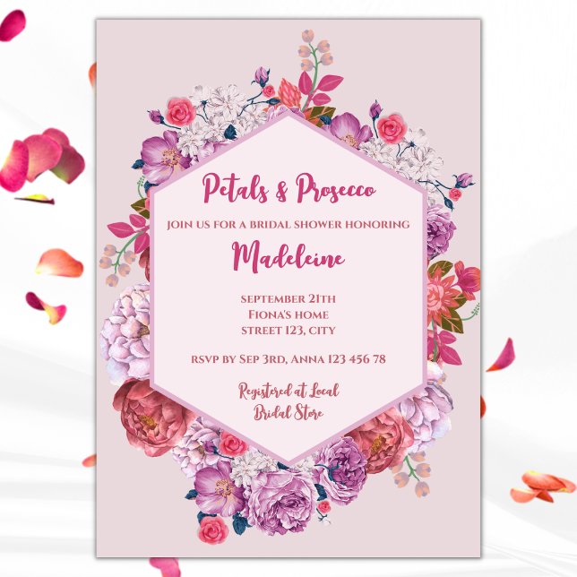 Möhippa av Petals och Proseccos Blommigt Inbjudningar (petals and prosecco bridal shower invitation pink floral wreath)