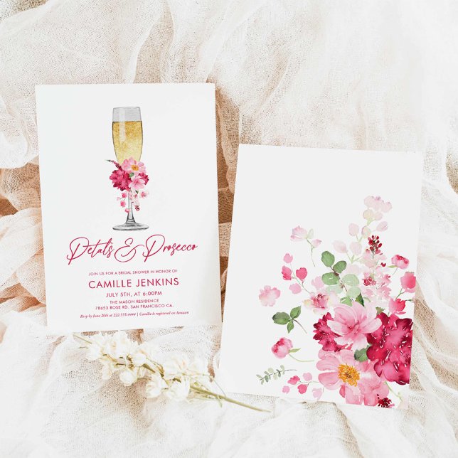 Möhippa av Petals och Proseccos Rosa Blommigt  Inbjudningar (Pink Floral Petals and Prosecco Bridal Shower Invitation)