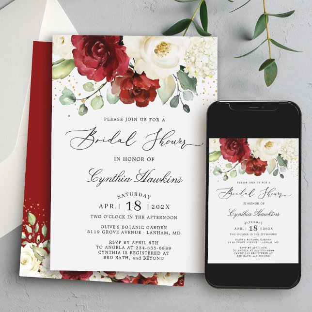 Möhippa av ren, grå rödvit Blommigt Inbjudningar (Create a day of joy and love with this exquisite and customizable invitation!)
