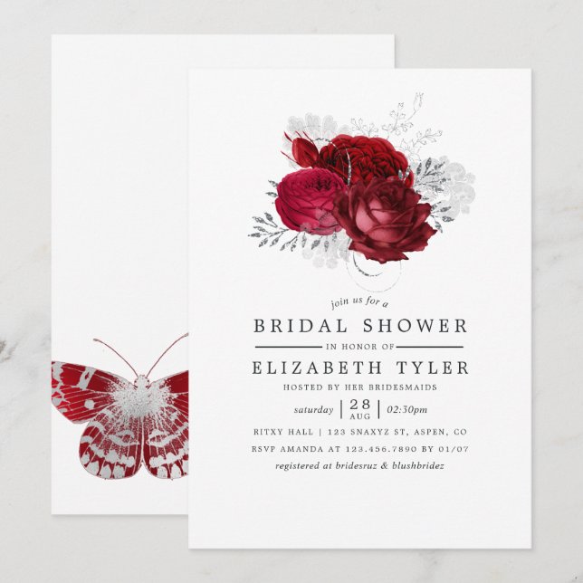 Möhippa av Röda och Silver Vintage Blommigt Inbjudningar (Fram/baksida)