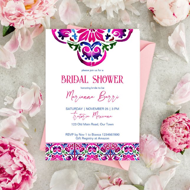 möhippa av rosa blå mexikanska plattor inbjudningar (Pink blue Mexican Talavera tiles bridal shower editable template invitation instant digital download)