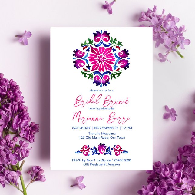 möhippa av rosa blå mexikanska plattor inbjudningar (Mexican pink blue talavera tiles bridal brunch template invitation digital download Spanish bridal)