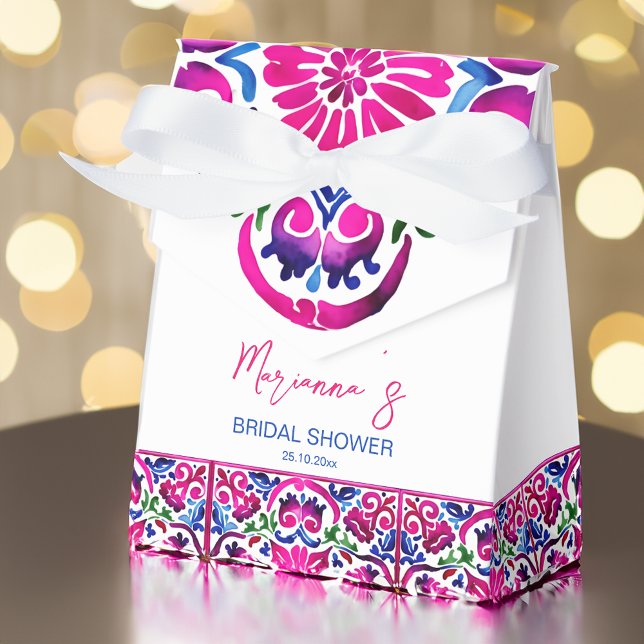 möhippa av rosa blå mexikanska plattor presentaskar (Mexican Talavera tiles pink and blue Fiesta Mexicana themed bridal shower favor gift box)