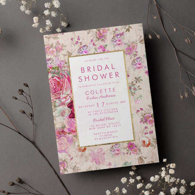 Möhippa av rosa vintage land chic blommigt   inbjudningar (Country chic pink vintage floral Bridal Shower Invitation )