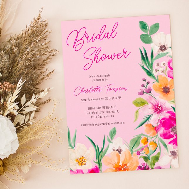 Möhippa av skript för blommor med fetstil i vild inbjudningar (Bright bold wild flowers script bridal shower invitation)