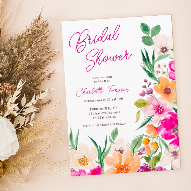 Möhippa av skript för blommor med fetstil i vild inbjudningar (Bright bold wild flowers script bridal shower invitation)