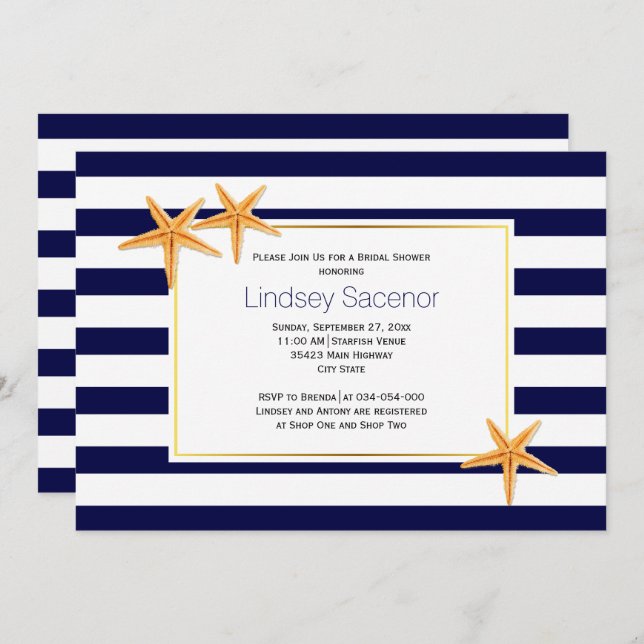 Möhippa av strandbröllop på Starfish och rand Inbjudningar (Fram/baksida)