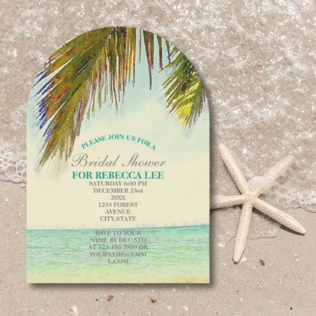 möhippa av stranden vid den tropiska ön handflatan inbjudningar (tropical island palm tree beach bridal shower invitation)