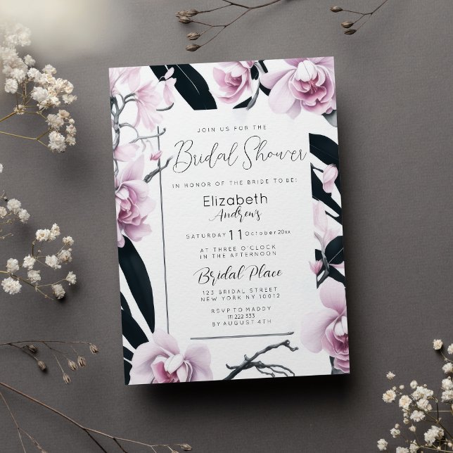 Möhippa av svart färgsblomma, svart eller färgig r inbjudningar (Watercolor pink black orchid flower Bridal Shower)