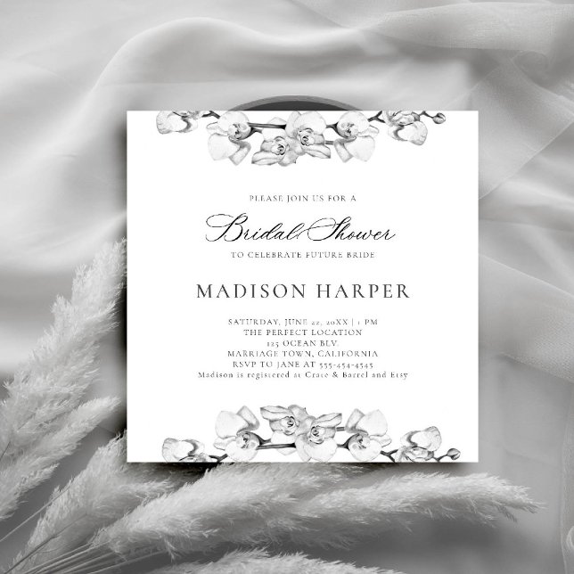 Möhippa av svart och vit Orchids Art Elegant Inbjudningar (orchids bridal shower invitation black and white art floral sketch modern classic formal elegant)