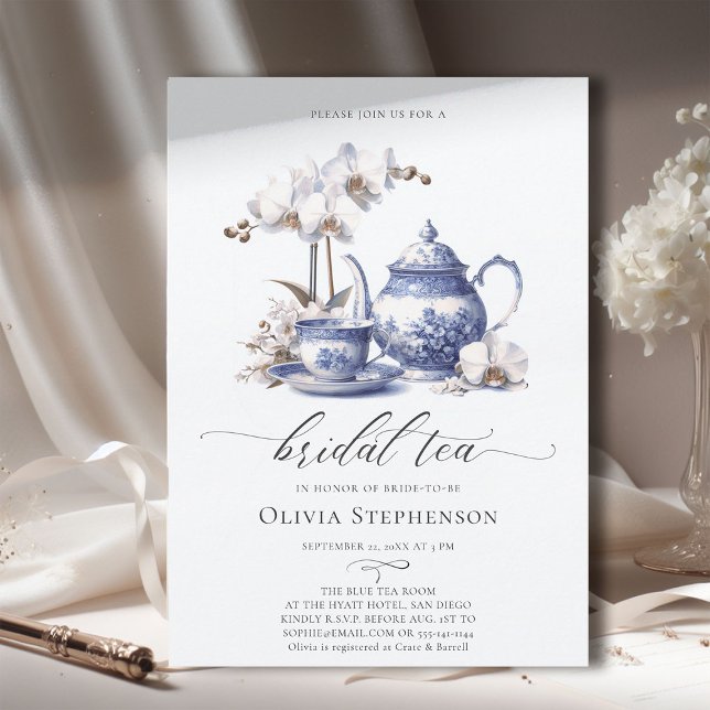 Möhippa av tea- för vit orchid Hampton Toile Chic Inbjudningar (bridal tea party white orchid toile hampton style something blue elegant modern classic watercolor)