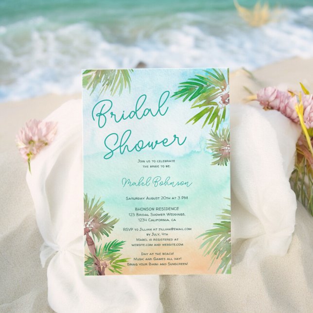 Möhippa av tropisk vattenfärgstrand i handflatan t inbjudningar (Tropical palm trees watercolor beach bridal shower invitation)