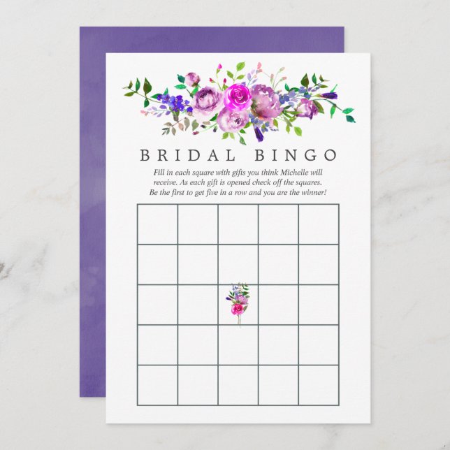 Möhippa av Ultra Violet Watercolor Blommigt Bingo Inbjudningar (Fram/baksida)