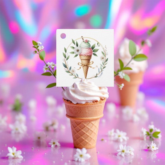 Möhippa av utandning av iskräm Blommigt Gåvor Etiketter (Ice Cream Floral Wreath Bridal Shower Favor Tags)