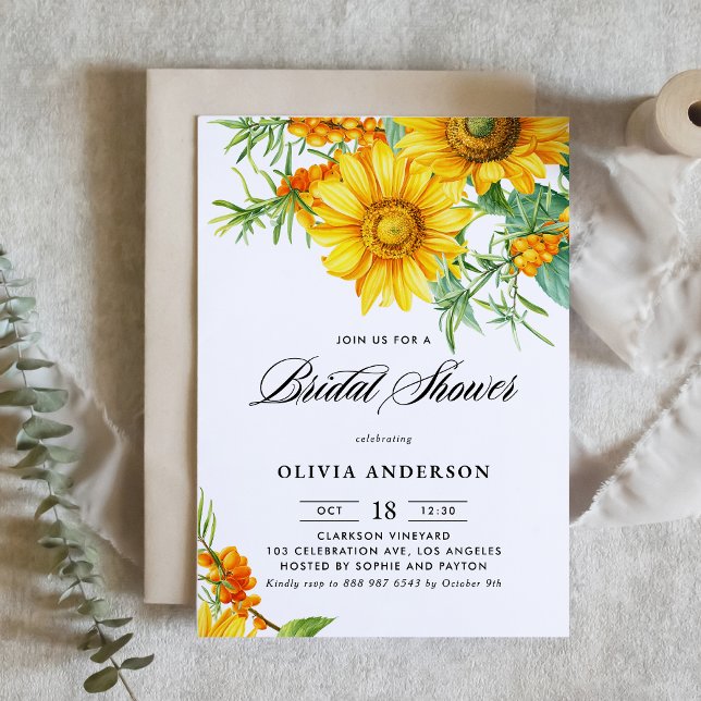 Möhippa av vattenfärg Solros och Sea Buckthorn Inbjudningar (Botanical bridal shower invitation featuring illustrations of yellow sunflower and sea buckthorn.)