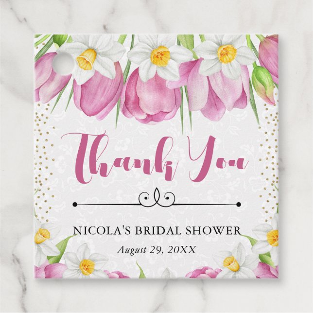 Möhippa av vattenfärgade Rosa Tulips och Daffodils Gåvor Etiketter (Framsida)