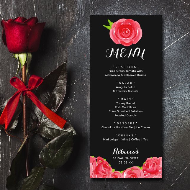 Möhippa av vattenfärgen Röd ros Derby Meny (Watercolor red roses Derby-theme bridal shower menus)