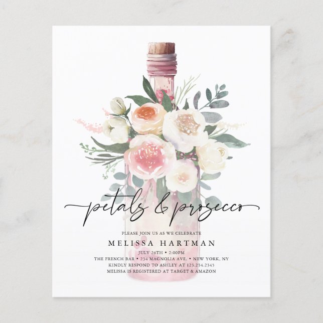 Möhippa av vattenfärgen Rosa Petals & Prosecco Flygblad (Framsidan)