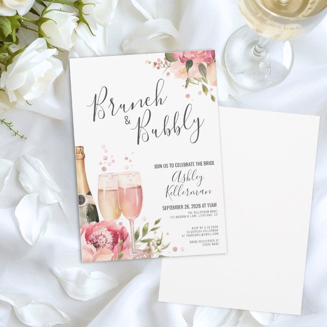 Möhippa av vattenfärgslam och Blommigt i bubblor Inbjudningar (Watercolor Brunch And Bubbly Floral Bridal Shower Invitation)
