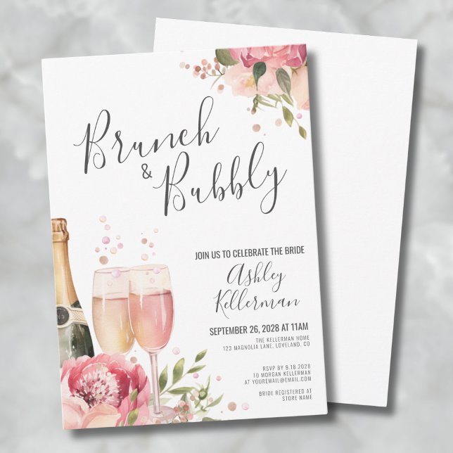 Möhippa av vattenfärgslam och Blommigt i bubblor Inbjudningar (Watercolor Brunch And Bubbly Floral Bridal Shower Invitation)